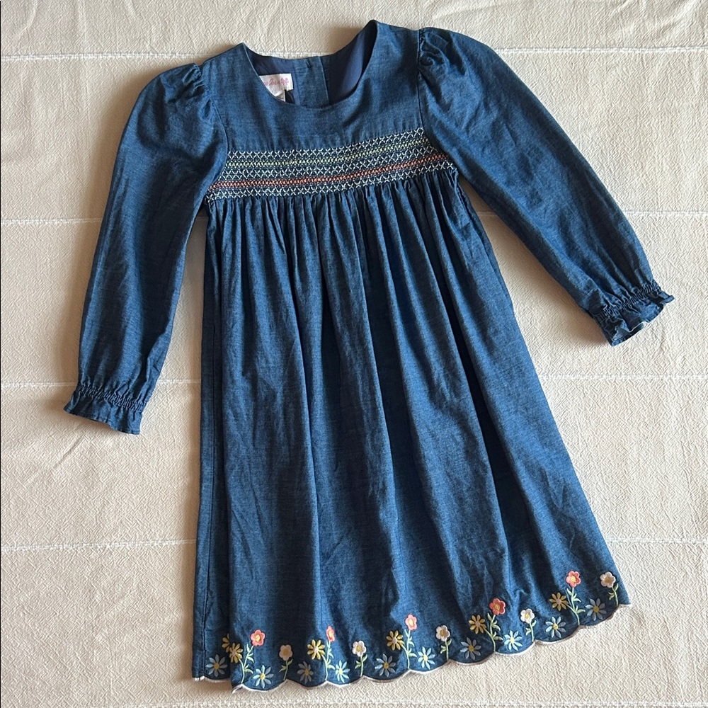 Bonnie Jean Blue Dress with Floral Embroidery